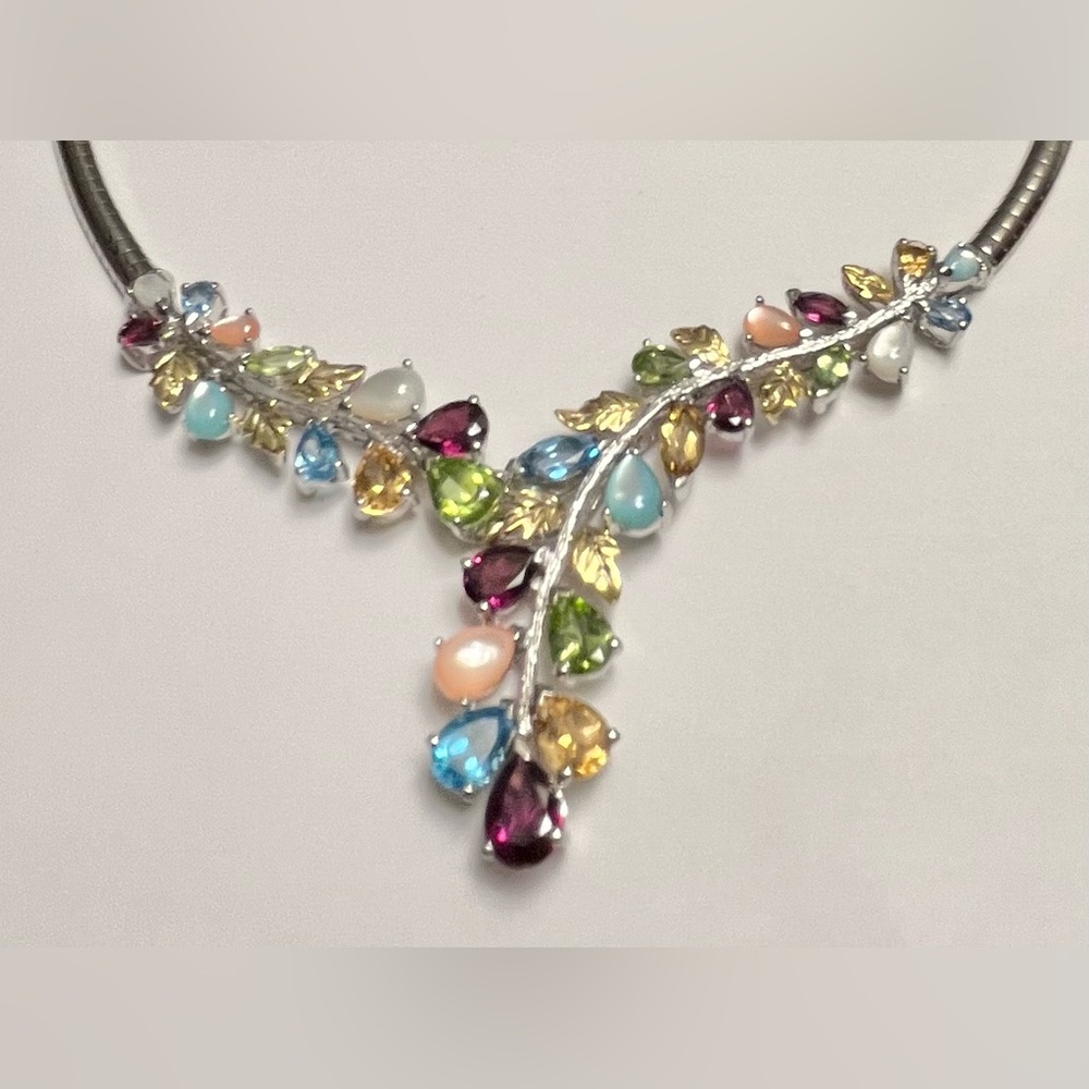 Sterling Silver Omega Necklace w/semi precious gemstones & gold plated leaves - Picture 2 of 14